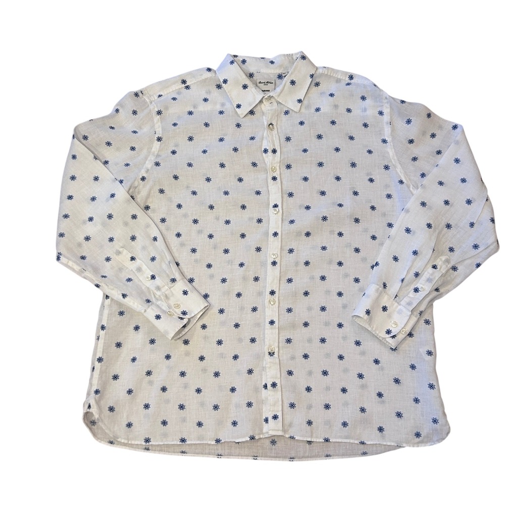 Murano Baird McNutt Linen Shirt Mens XL White Blue Geometric Print Long Sleeve